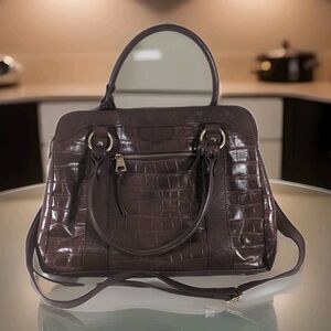 VTG Clarks 14” in Brown Croc Embossed Genuine Leather Tote Shoulder Bag Handbag